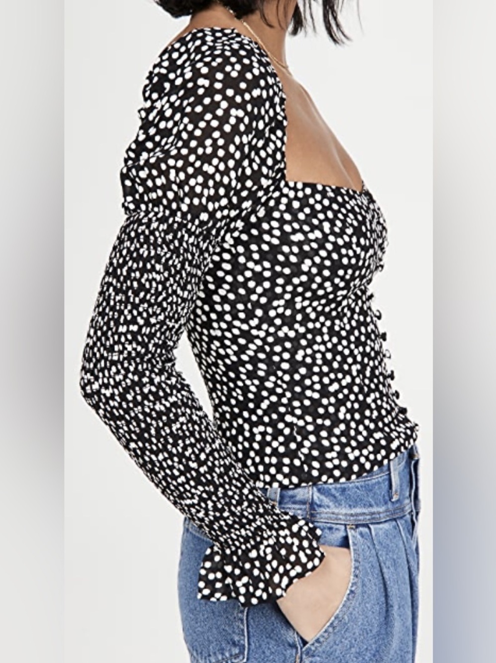 REFORMATION Augustine Top Pearl Print Black & White Polka Dot Square Neck (124)